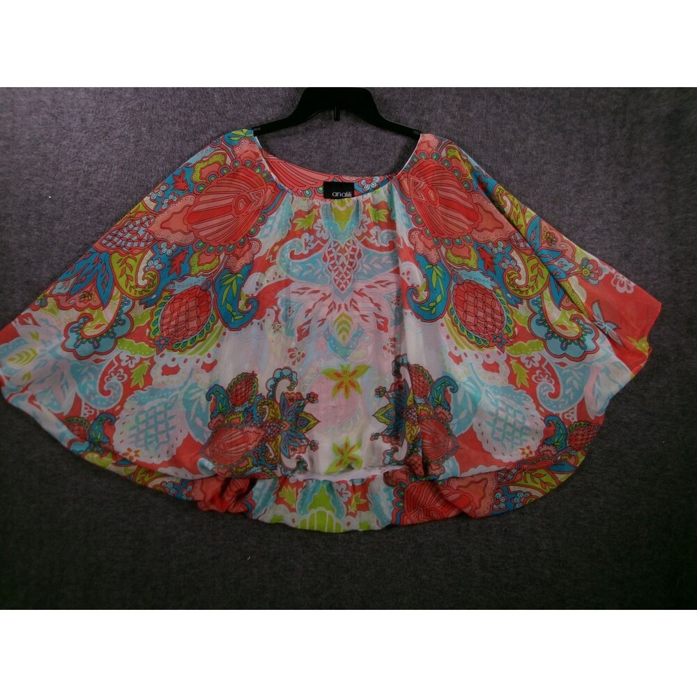 Analili Top Womens M L Coral Multi Boho Kaftan Poncho Blouse Flowing Sheer